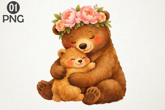 Download Cute Bear Mom Baby Floral Clipart PNG - Premium Resources